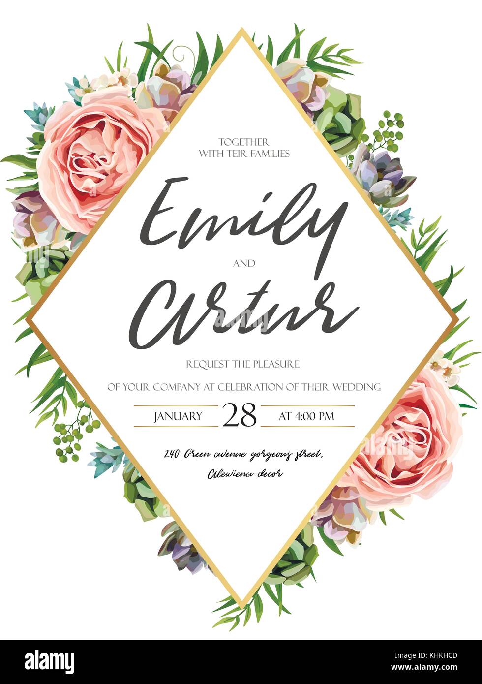 Vector floral design card: watercolor pink peach garden Rose green ...
