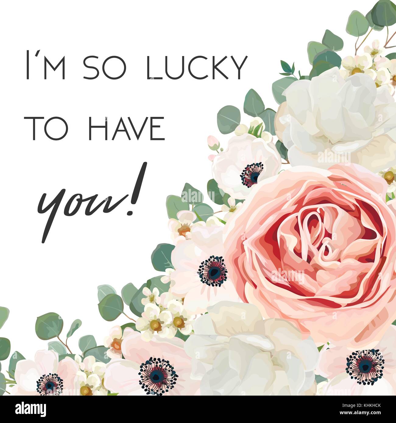 Vector floral design card. White Rose flower, pink Anemone, creamy wax ...