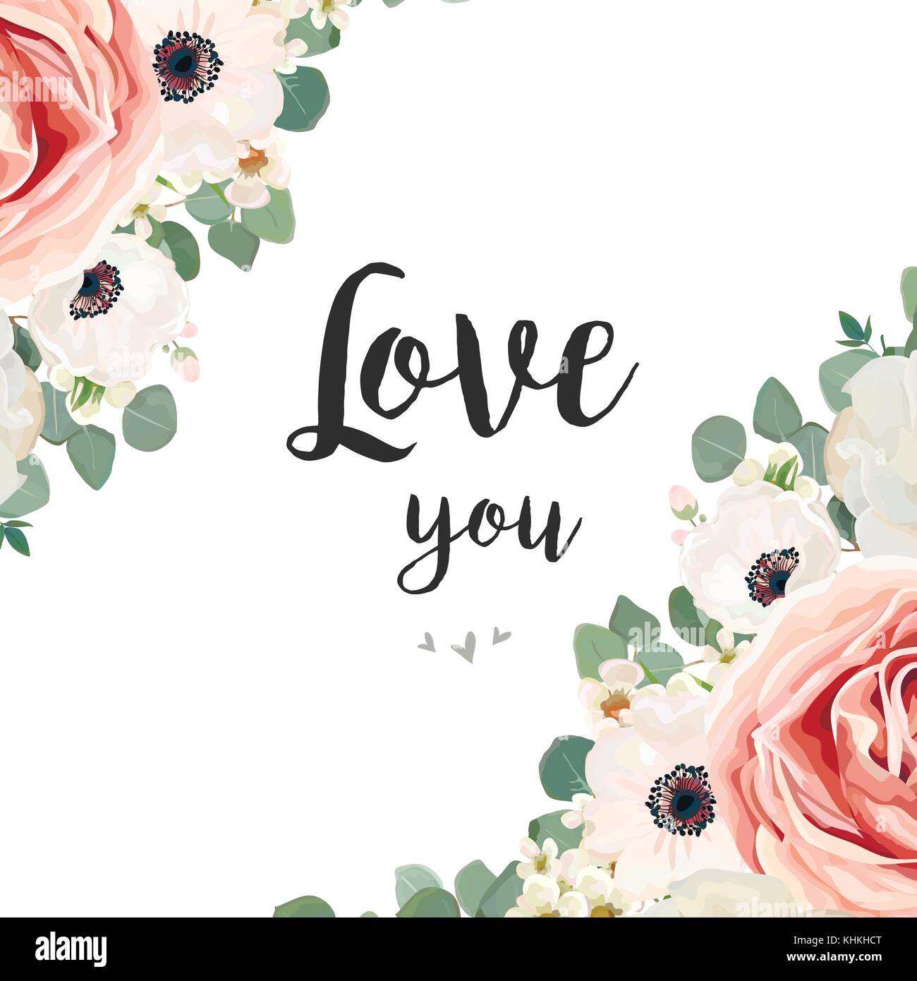 Vector floral design card. White Rose flower pink Anemone, powder wax ...