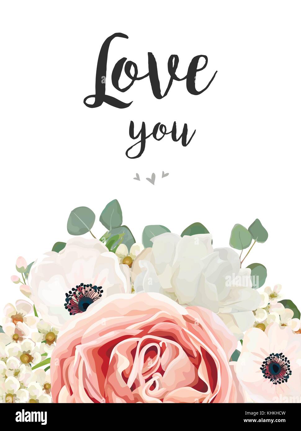 Vector floral design card. White Rose flower pink Anemone, wax ...