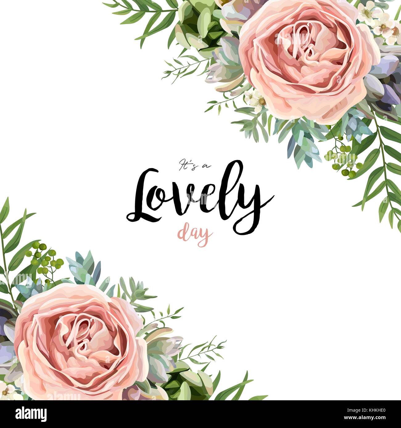 Vector floral card frame bouquet design with garden pink peach Stock