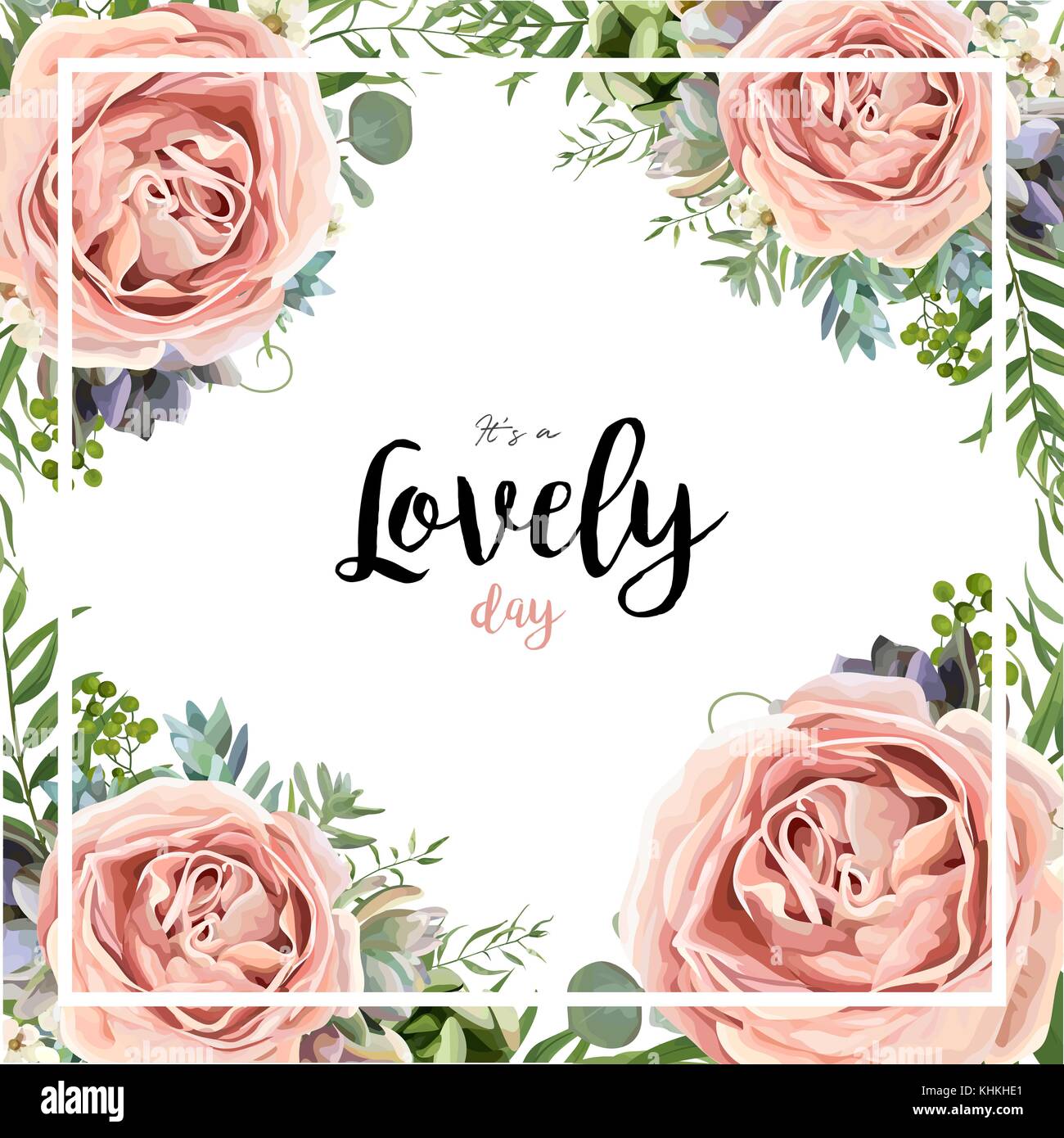 Vector floral card frame bouquet design with garden pink peach lavender ...
