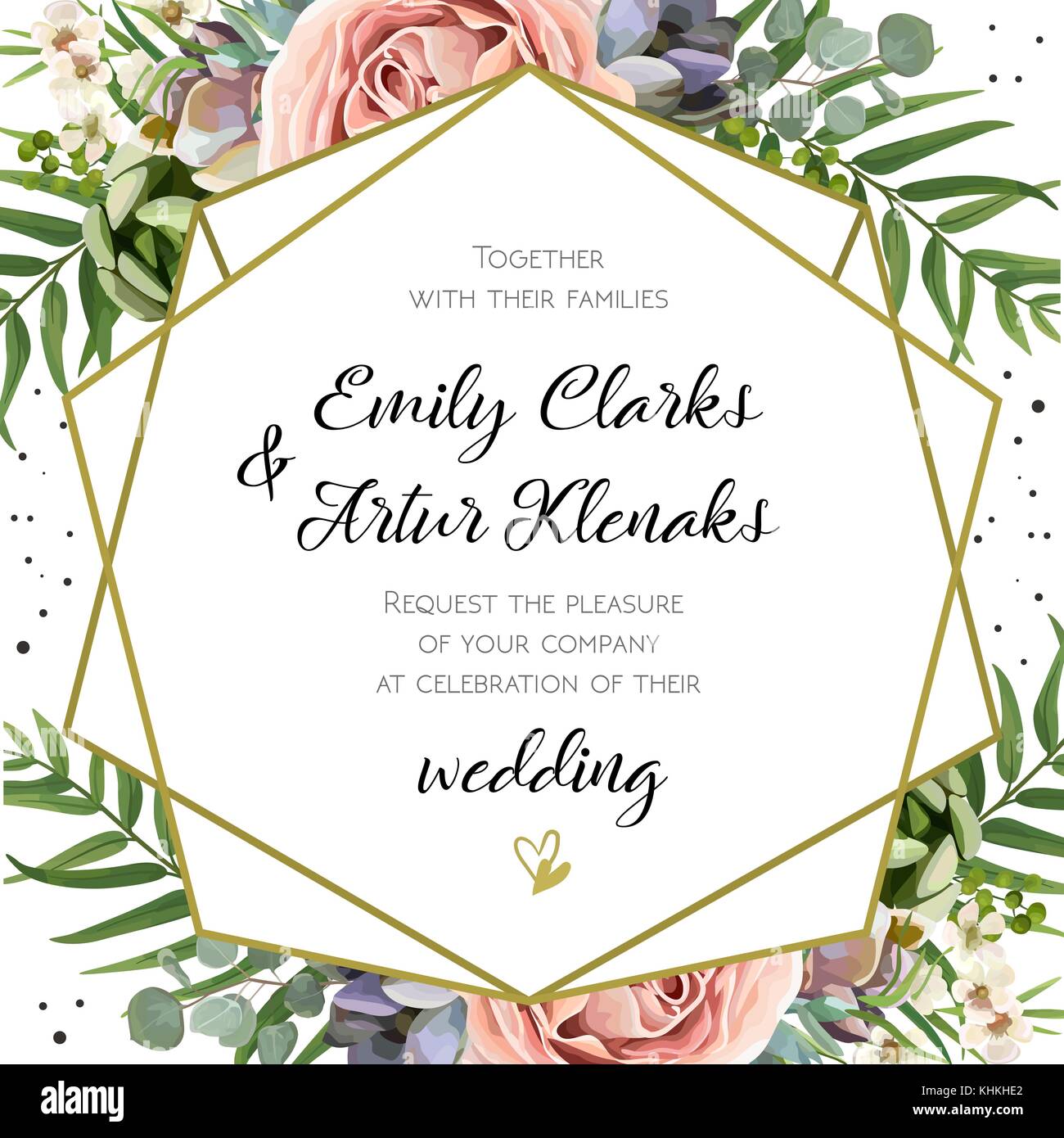 Wedding Invitation, floral invite card Design: Peach lavender pink garden  Rose, succulent, wax, eucalyptus, green palm leaves, forest fern greenery  ge Stock Vector Image & Art - Alamy