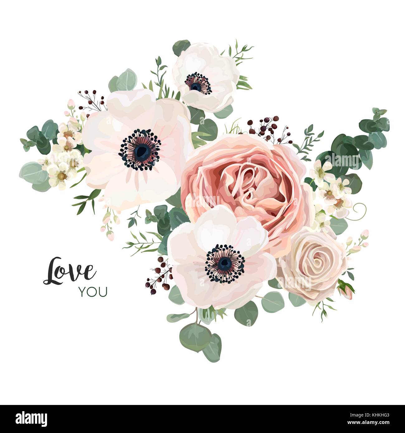 Floral card vector Design: garden flower lavender pink peach Rose white ...