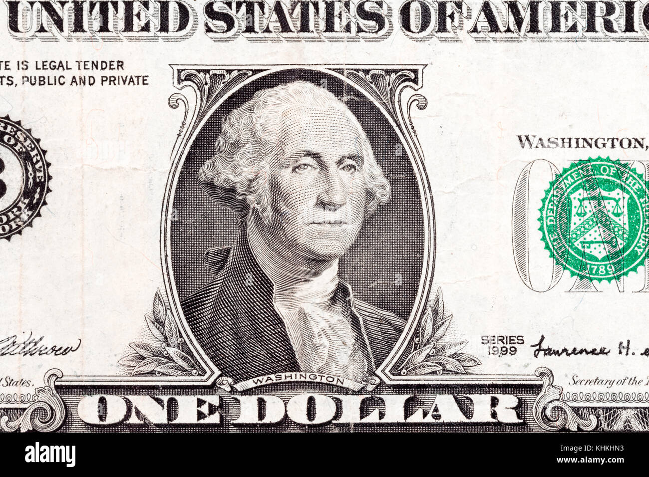 US president George Washington portrait on the one dollar fragment ...
