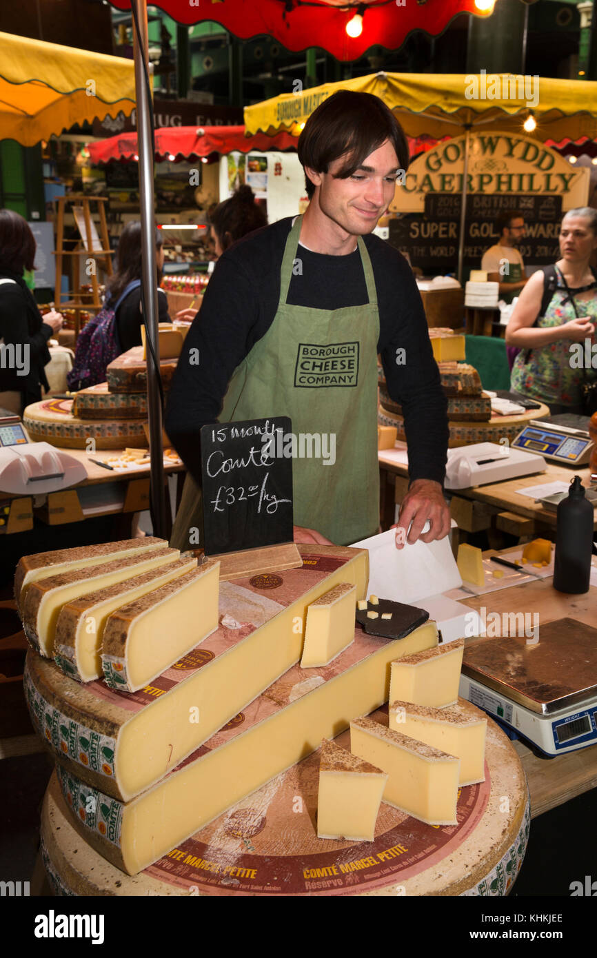 UK, London, Southwark, Borough Market, Italian Comte cheeses on sale at