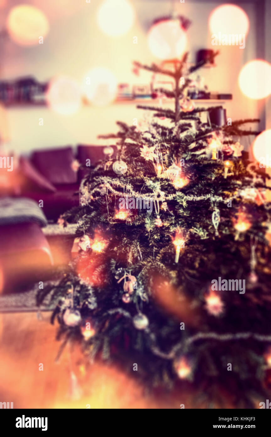 Christmas tree with decoration and holiday lighting with bokeh, festive ...
