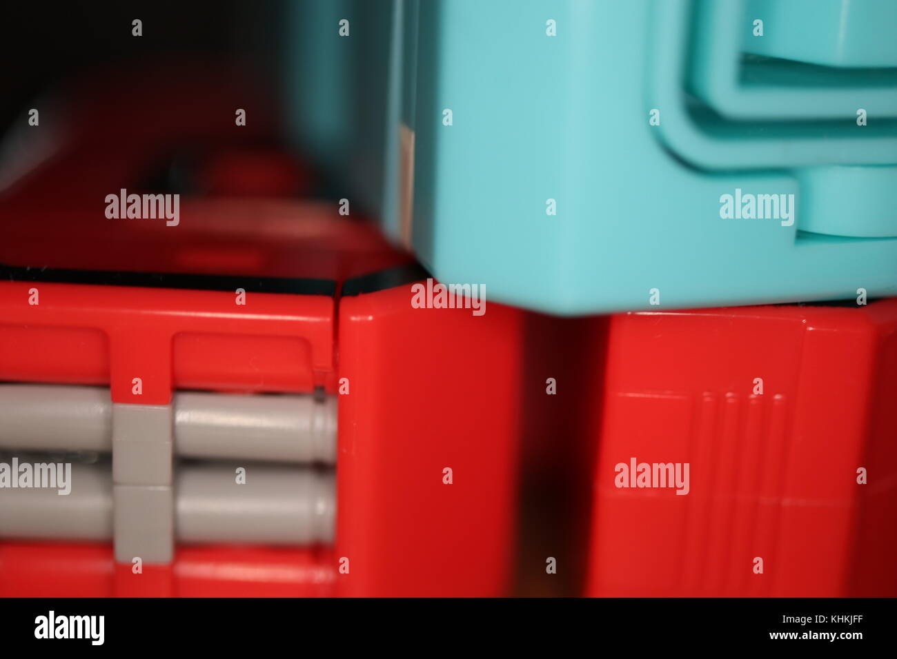 Abstract Colored Transformer Toys. Assembled Plastic Construction Background. Macro Closeup. Stock Photo