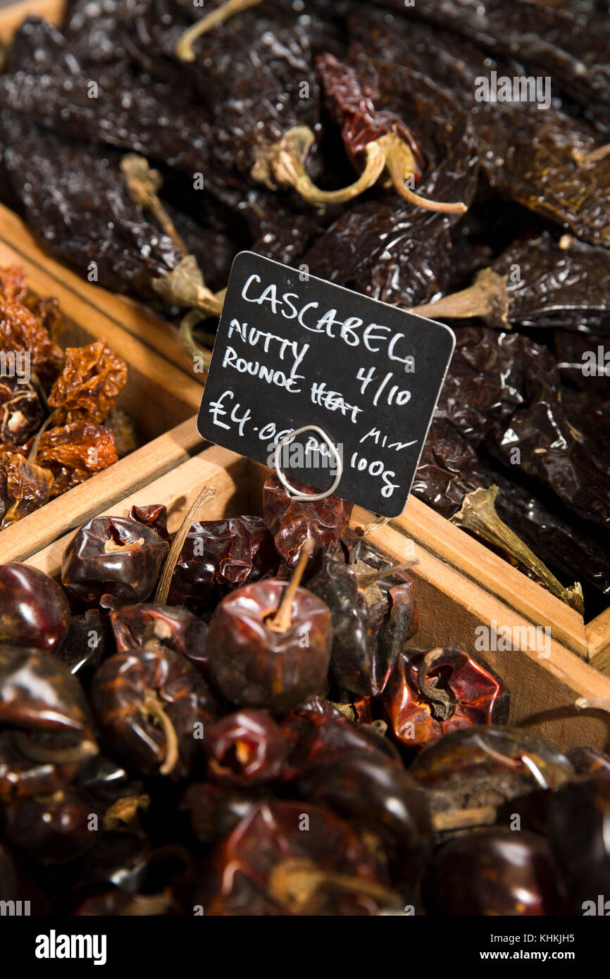 UK, London, Southwark, Borough Market, dried chillies for sale Stock Photo