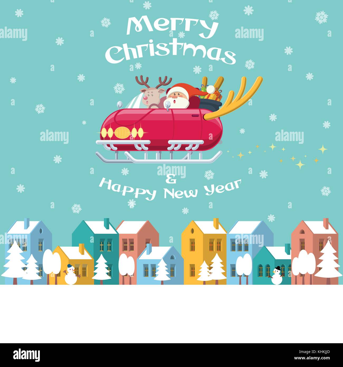 Santa Claus and Rudolph the red nose reindeer driving a shiny sleigh car with deer horns flying over a winter town with colorful buildings, trees, sno Stock Vector