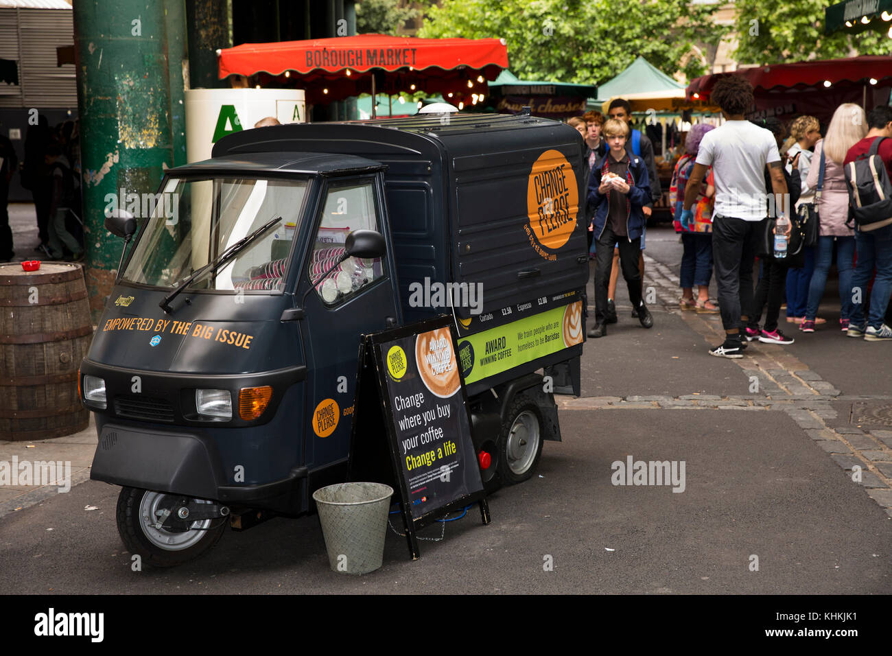 UK, London, Southwark, Borough Market, Big Issue empowered ‘Change Please’ coffee rickshaw van Stock Photo