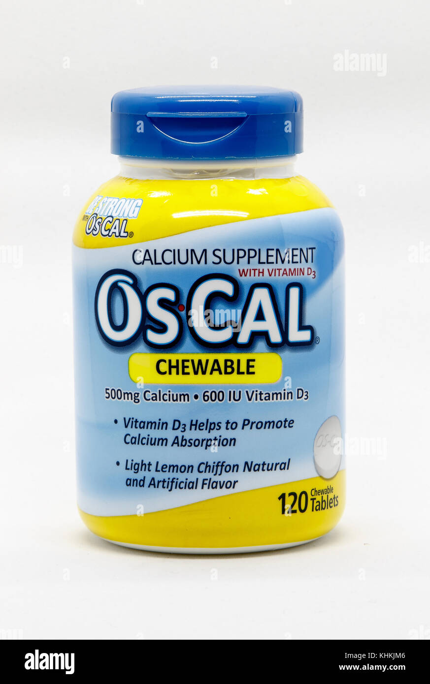 Bottle of Os-Cal, calcium supplement, against white background. Stock Photo
