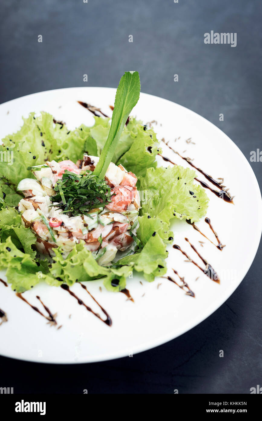 gourmet prawn cocktail salad with apple celery and spicy yoghurt sauce Stock Photo Alamy