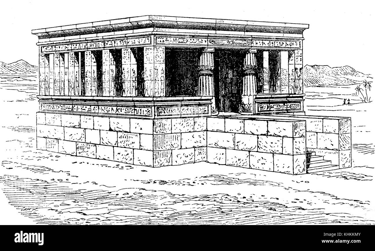Reconstruction of Satet Temple of Elephantine island on the Nile, Egypt around 3000 B.C. It was an Ancient Egyptian temple dedicated to the goddess Satet, a personification of the Nile inundation. Stock Photo