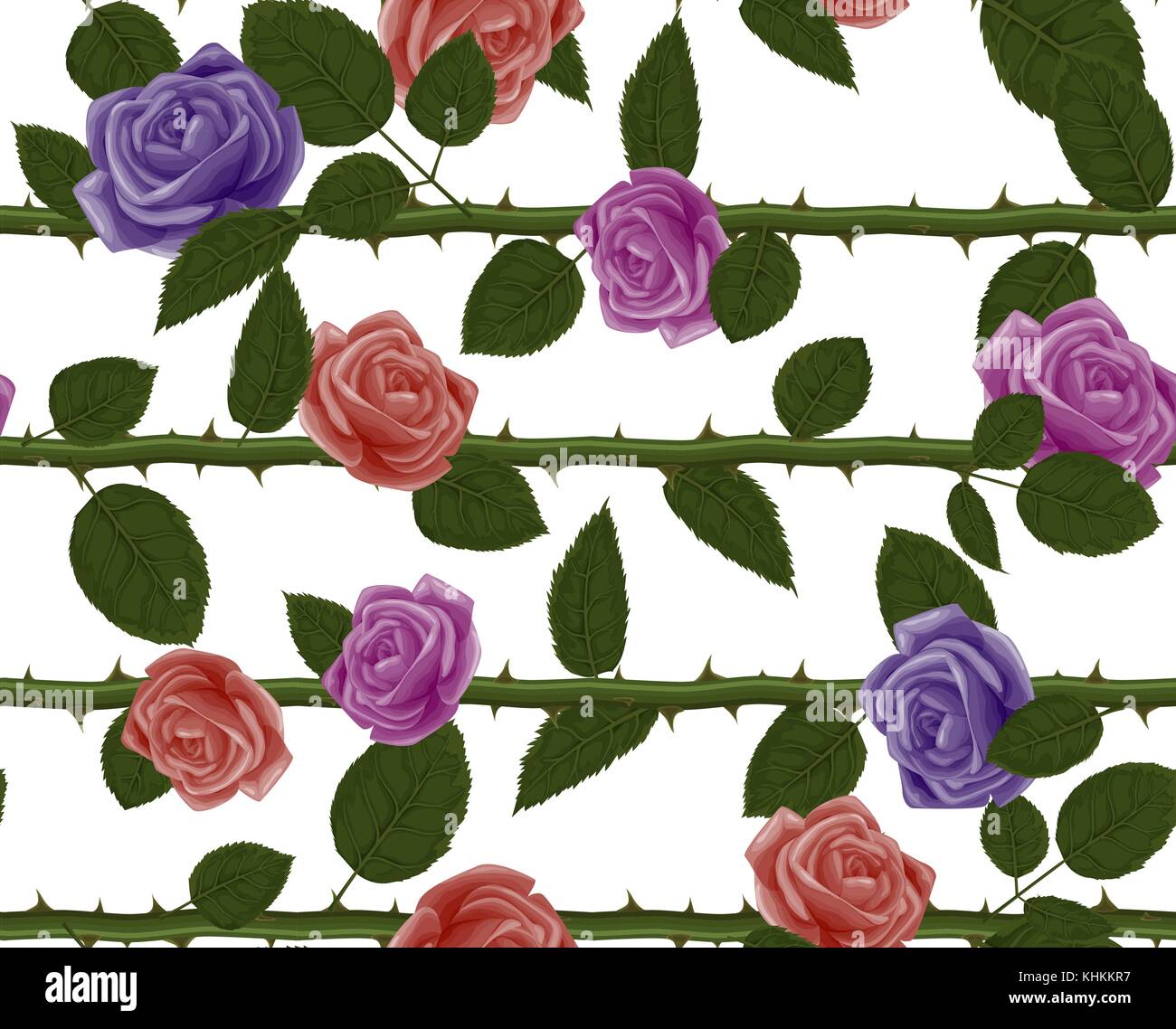 Seamless pattern with Vector watercolor style purple, pink, red Rose flower, green greenery leaves foliage on stem with thorns Hand drawn leaf texture Stock Vector