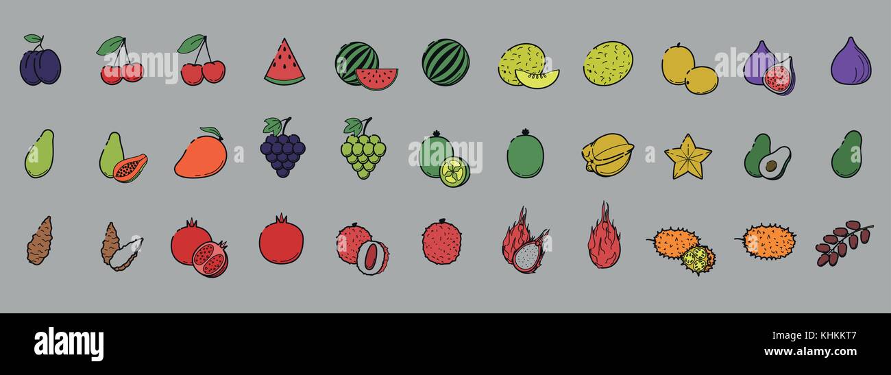 Outline flat color web icon set - Fruit & berries Thin bold Line food ...