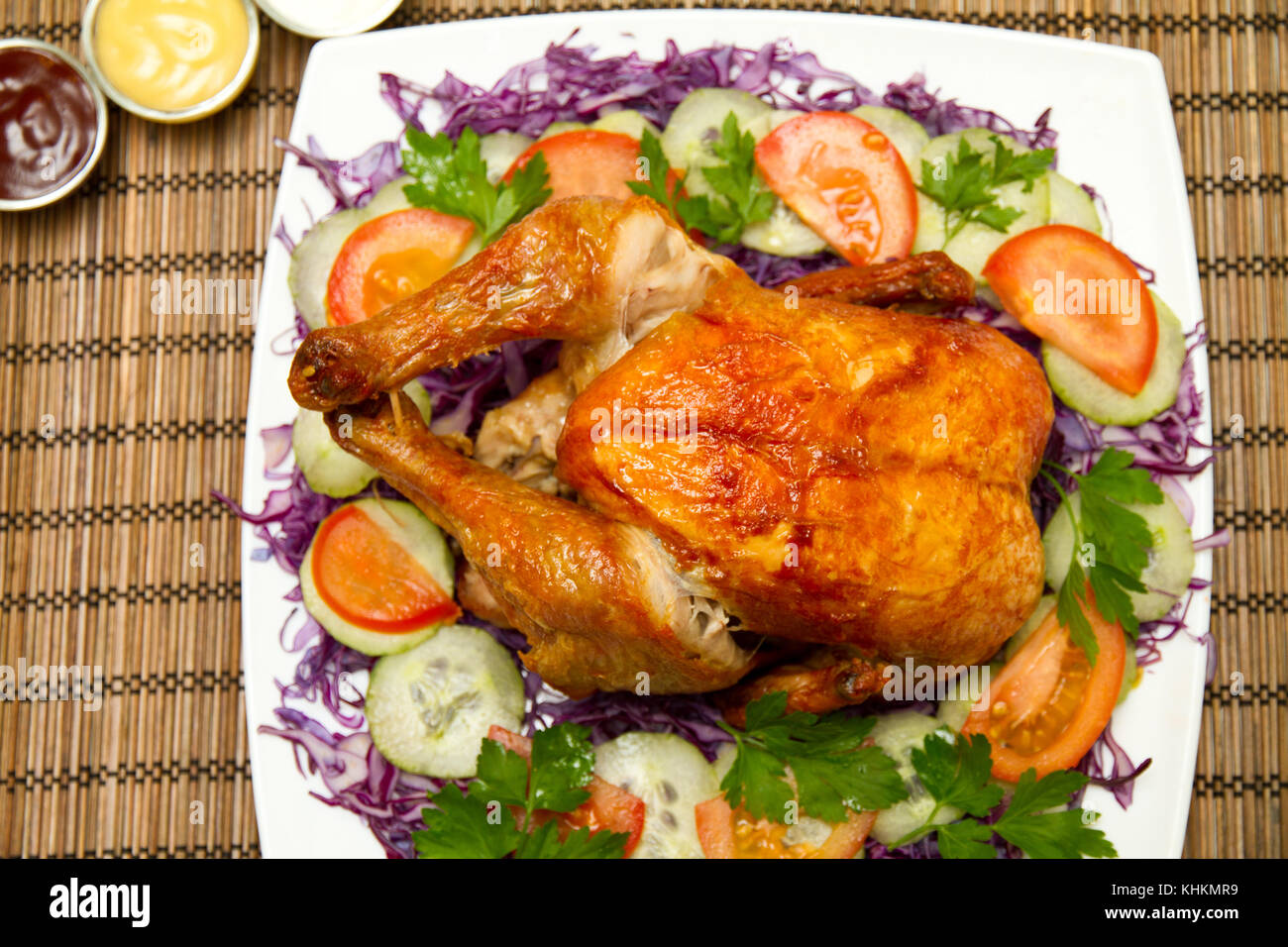 Charcoal baked chicken and side dishes Stock Photo Alamy