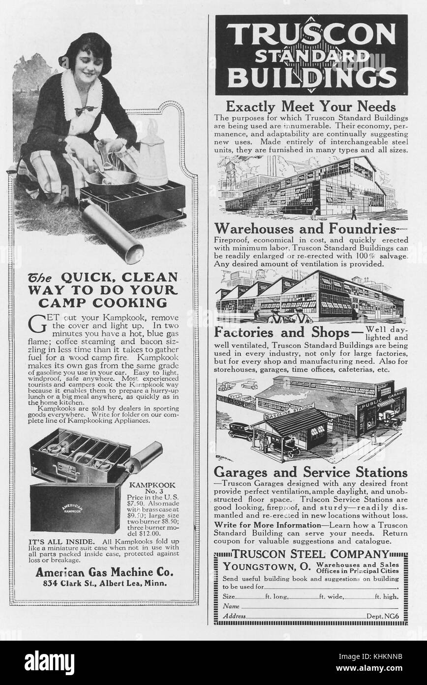 A magazine page consisting of two advertisements arranged vertically, the left hand side of the page features a camping stove from American Gas Machines Co which uses gas to provide fuel, the right hand side features Truscon Steel Company that build a variety of industrial buildings, July, 1922. Stock Photo