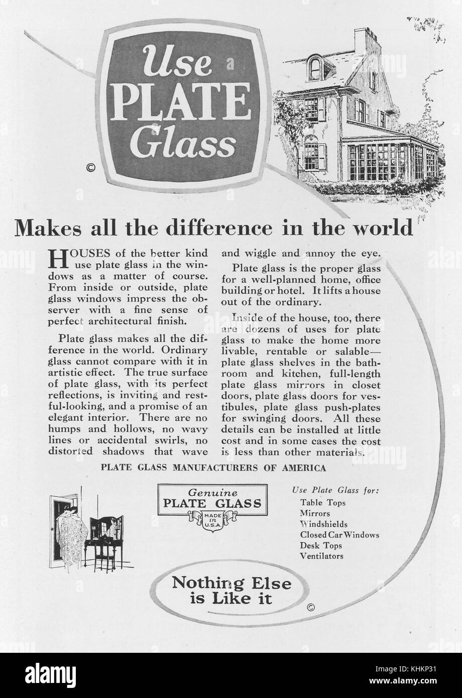 Advertisement for plate glass, featuring image of a sun porch on a