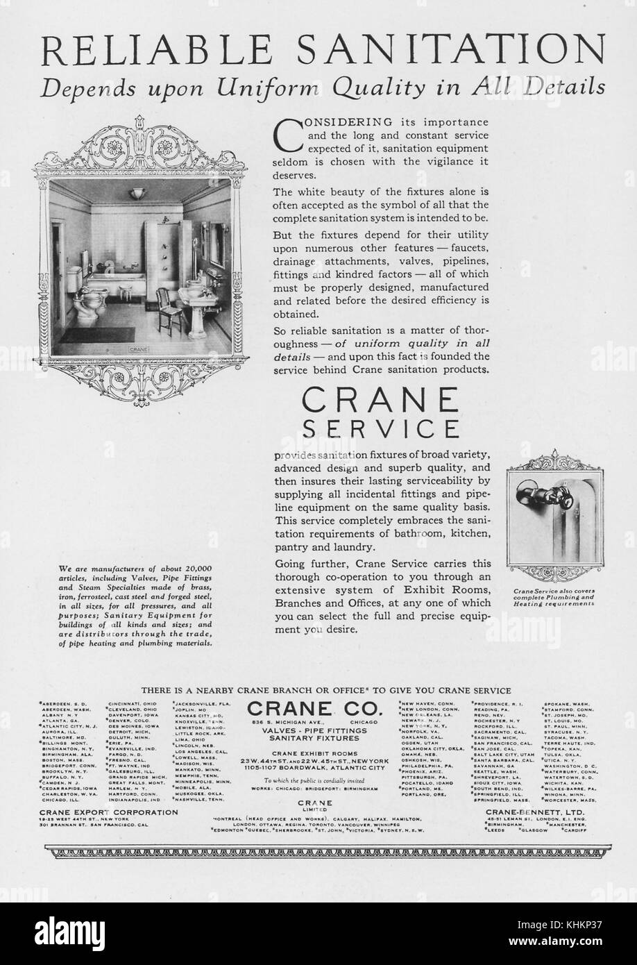 Full page advertisement for the Crane Company of Chicago, titled Reliable Sanitation Depends Upon Uniform Quality in All Details, featured in National Geographic Magazine, July, 1922. Stock Photo