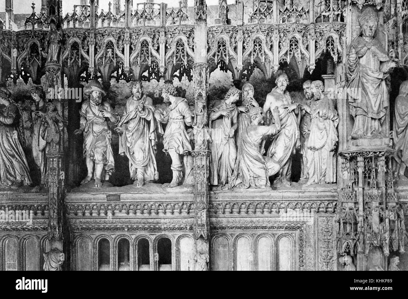 Detail of the choir screen at Chartres Cathedral, which features 41 sculptured groups representing scenes in the lives of the Madonna and of Christ, was started in 1514 and finished two centuries later, France, July, 1922. Stock Photo