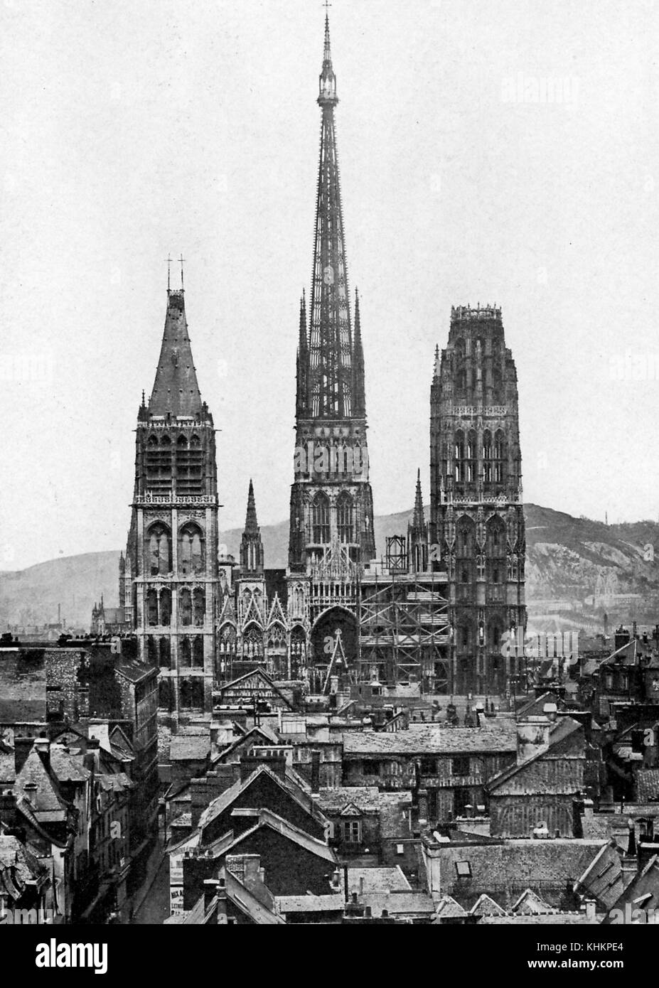 View of Rouen's Notre-Dame Cathedral, considered one of the finest Gothic buildings in Normandy, the Saint Romain tower (at the left) dates to the twelfth century and is the oldest part of the building, photograph by L Boulanger, France, July, 1922. Stock Photo