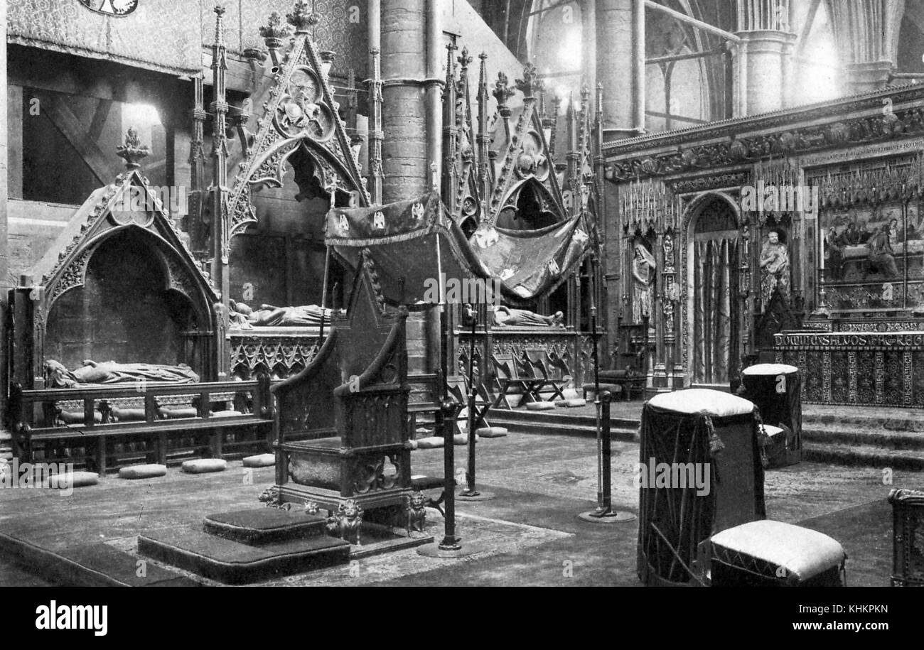 The coronation chair, used to crown British royals, in Westminster Abbey, United Kingdom, 1922. Stock Photo