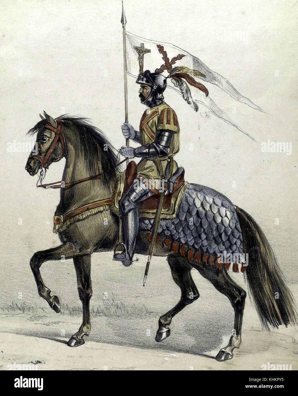 A color lithograph of a Spanish soldier in military uniform, this soldier wears full body armor covered in a cloth tunic, he is riding a horse that is also covered with an armor blanket, he is carrying a banner that is the Spanish land battle flag, it contains an image of the crucifixion and the Cross of Burgundy, 1525. From the New York Public Library. Stock Photo