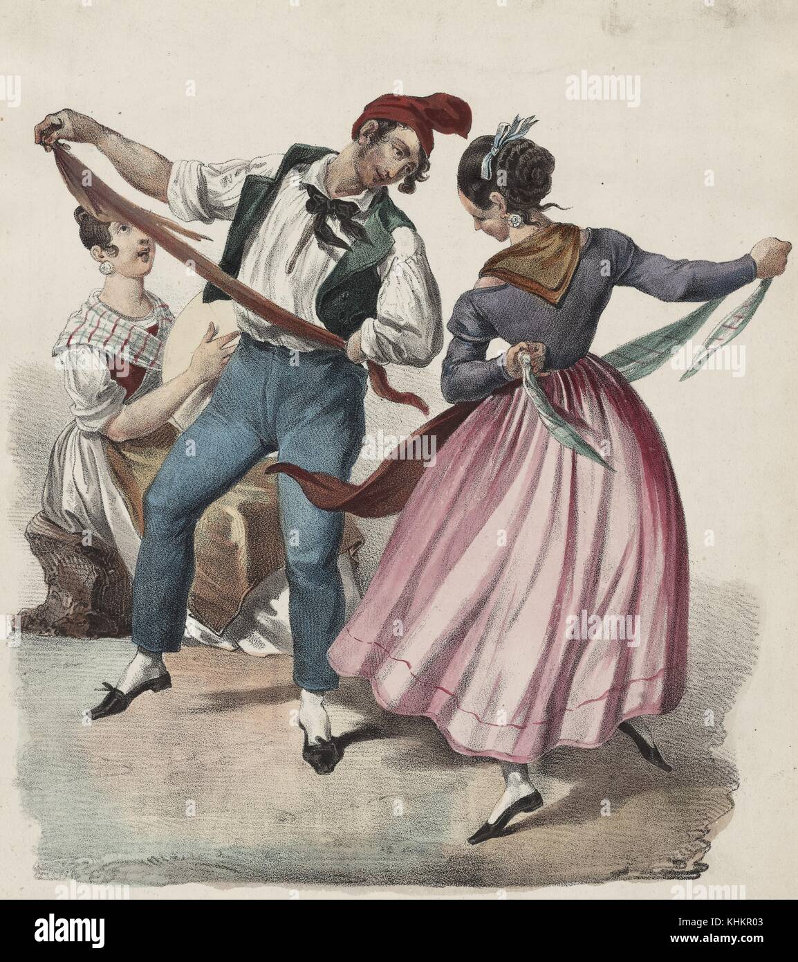 A color lithograph that depicts three people, a man and woman are performing a dance in the foreground, they are wearing traditional clothing from the Naples region, the man wears blue pants, a loose white shirt and black vest, the woman wears a long pink skirt and blue top, both are using a long piece of cloth to perform the dance, a woman in the background plays a large drum to provide a rhythm for the dancers, 1854. From the New York Public Library. Stock Photo
