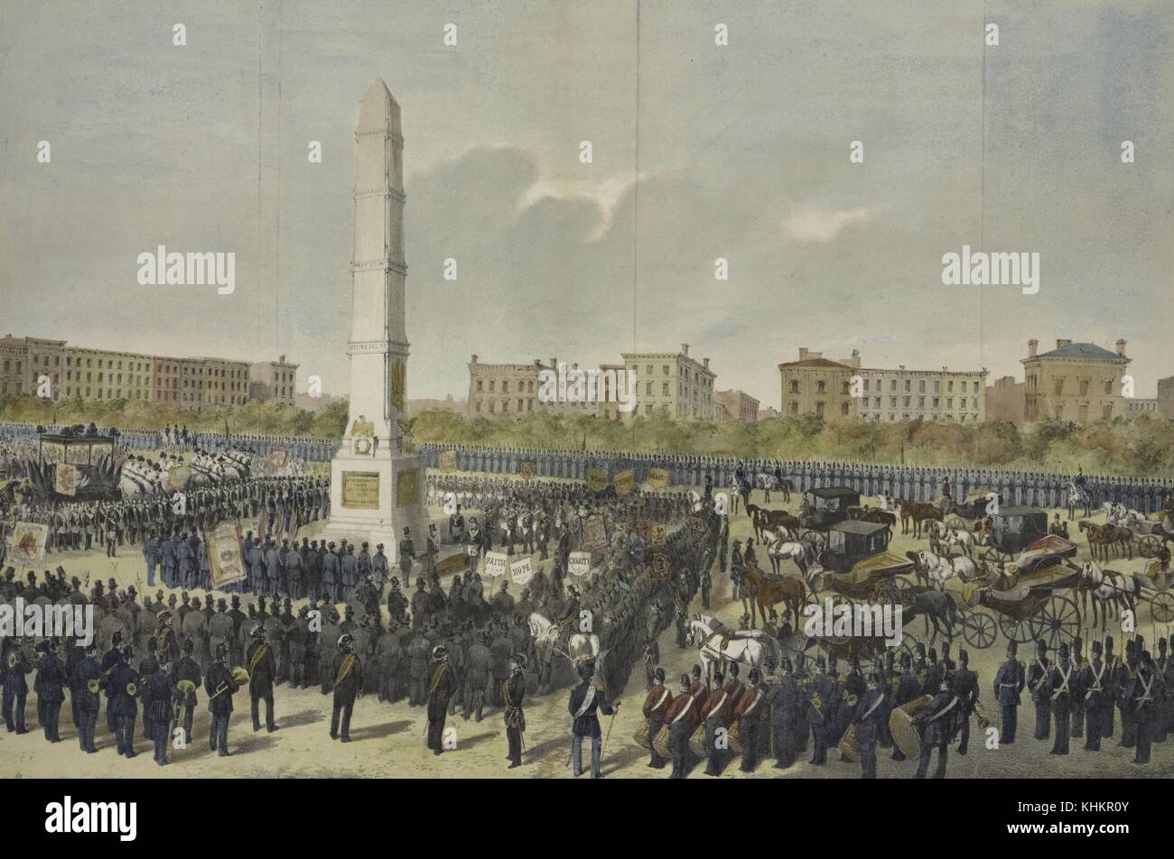 A color lithograph depicting the dedication ceremony of the Worth Monument in 1857, hundreds of soldiers and spectators are shown to be present at the ceremony, a military band can be seen in the foreground, the monument was built to honor William J Worth, who was a United States military officer during three wars, New York, New York, 1857. From the New York Public Library. Stock Photo