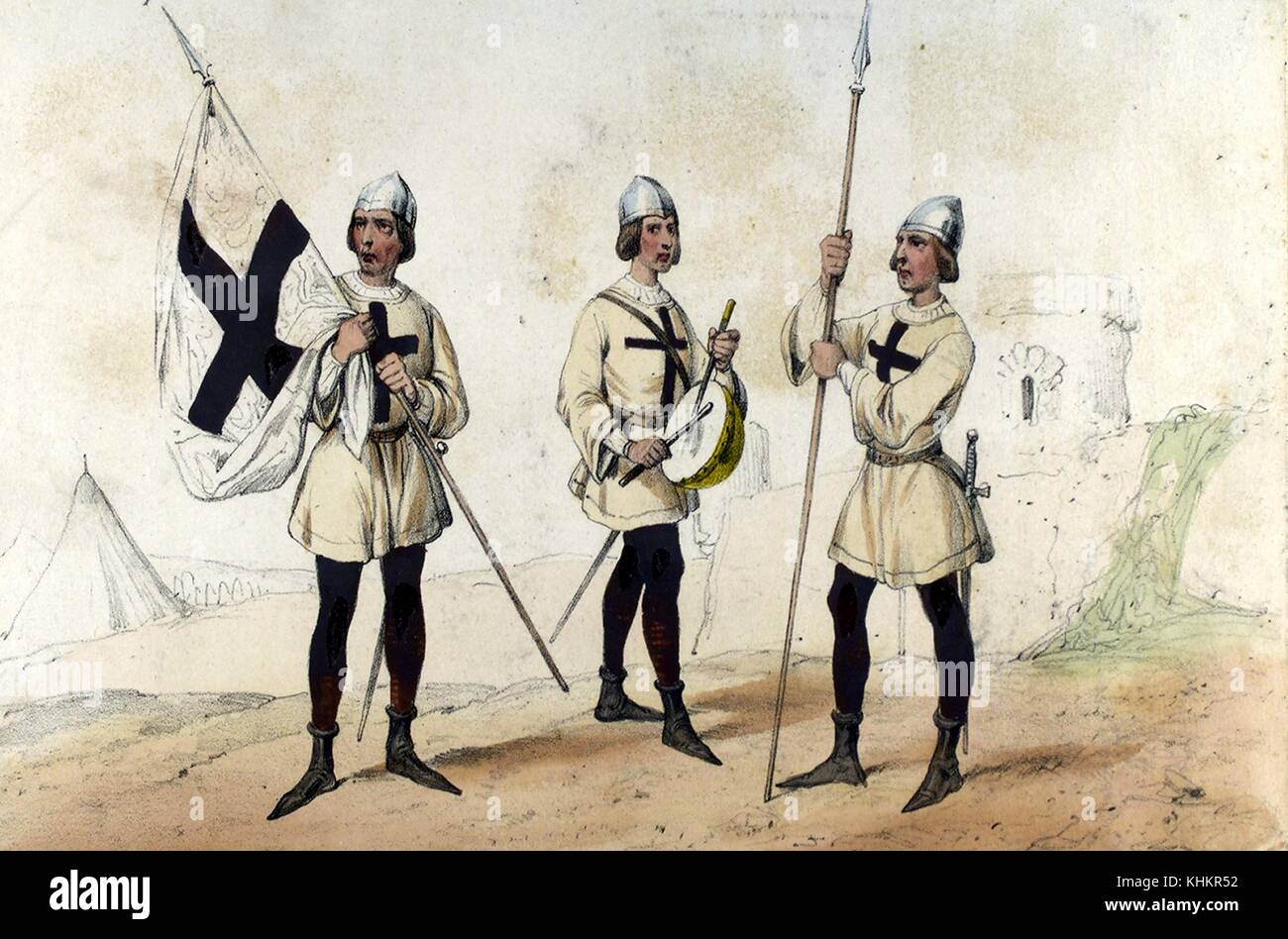Color lithograph depicting three soldiers of the Holy Brotherhood circa 1490, constabulary created in the late 15th century by the Catholic Monarchs (Ferdinand and Isabella) to maintain law and order throughout Spain, from the book Album de la Infanteria Espanola, by General Conde de Clonard, 1861. From the New York Public Library. Stock Photo