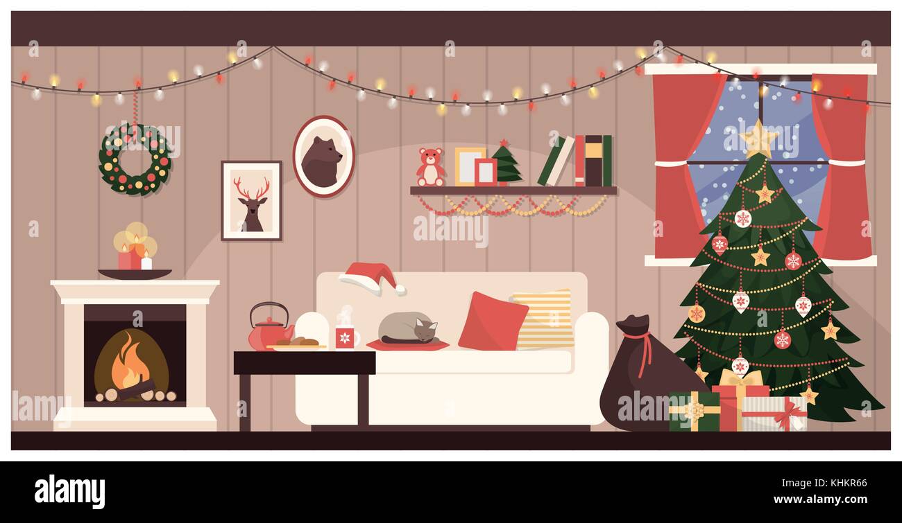 Santa Claus home interior with Christmas tree, a sack with gifts and a cat sleeping on the sofa Stock Vector