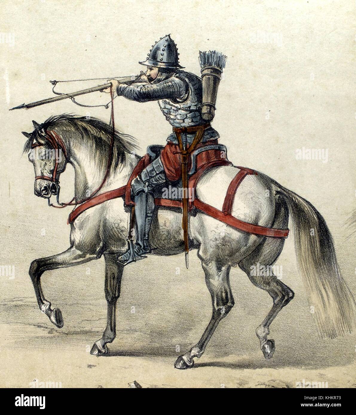 Color lithograph depicting a Spanish Army Ballestero (Soldier with Crossbow), from 1400, on horseback, from the book Album de la Caballeria Espanola, by General Conde de Clonard, 1861. From the New York Public Library. Stock Photo