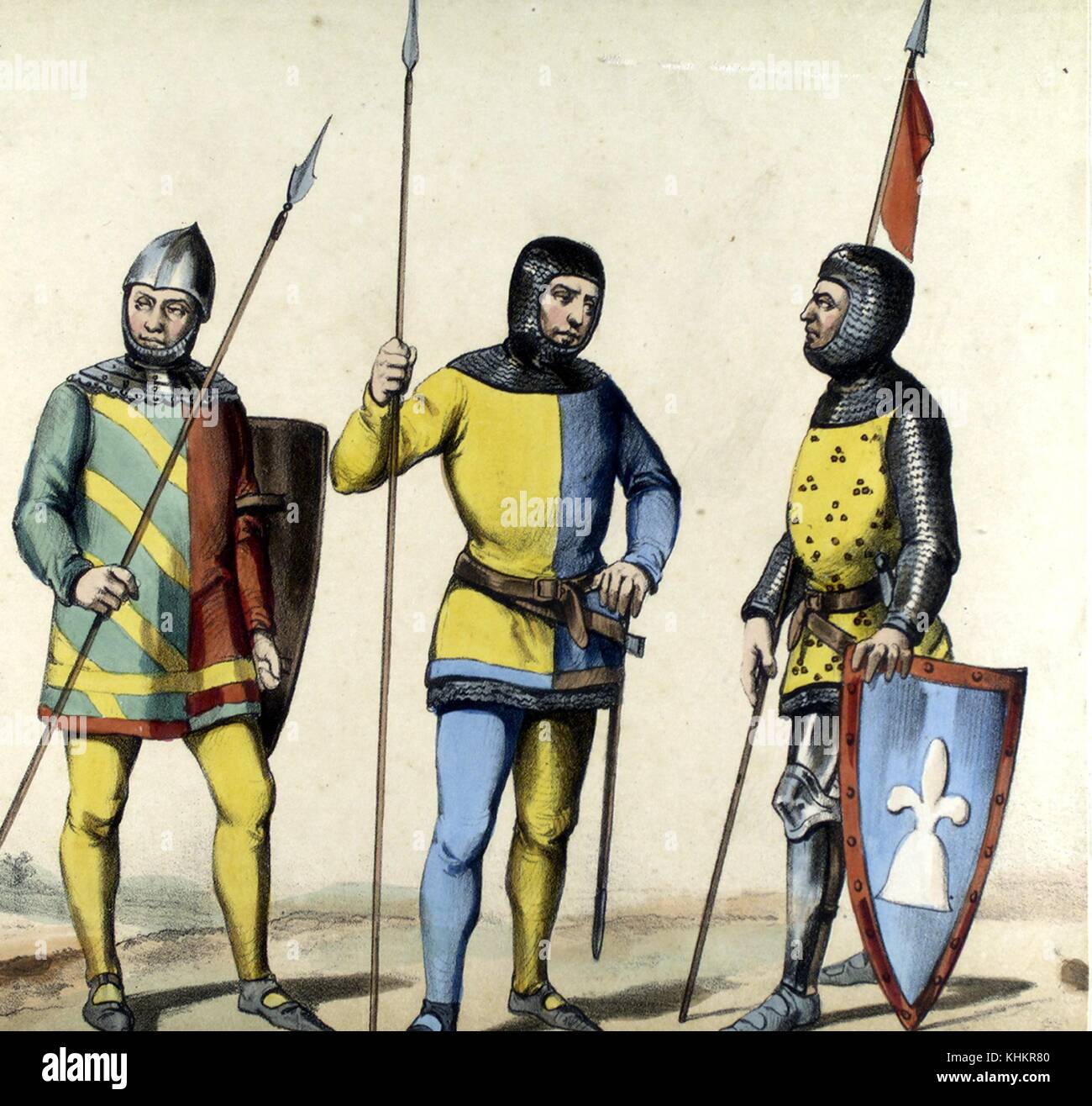 Color lithograph depicting average XIV century Spanish Lanceros (Lancers), from the book Album de la Infanteria Espanola, by General Conde de Clonard, 1861. From the New York Public Library. Stock Photo