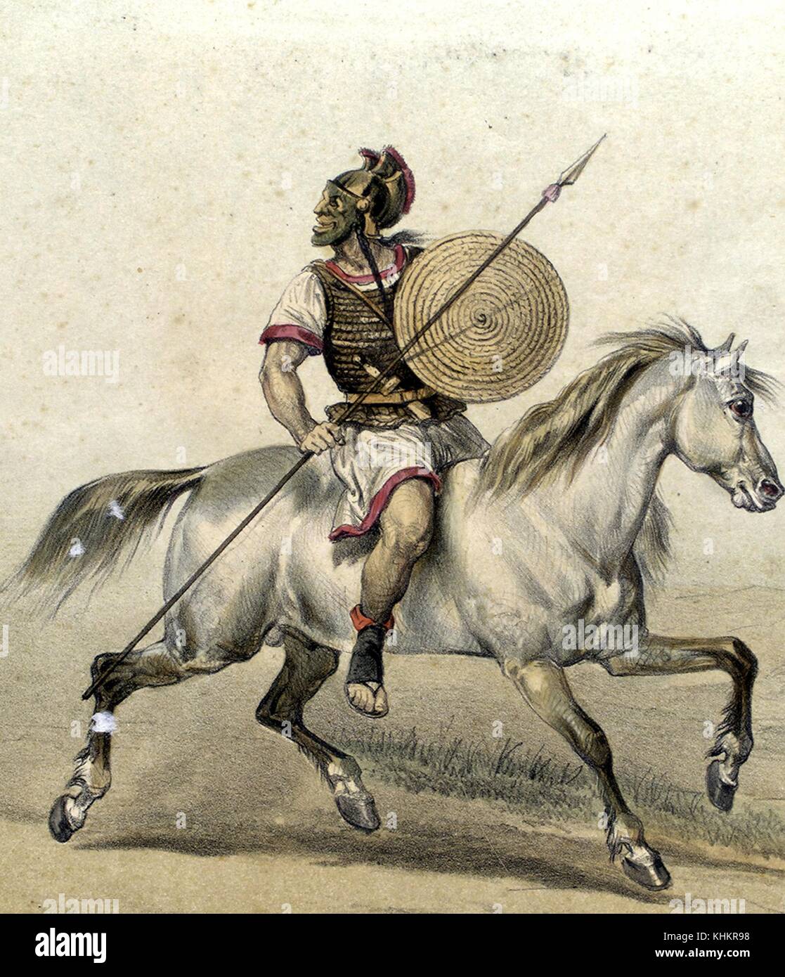 Color lithograph depicting a Cantabrian soldier, autonomous pre-Roman Spanish community from the north of the Iberian Peninsula, on horseback, from the book Album de la Caballeria Espanola, by General Conde de Clonard, 1861. From the New York Public Library. Stock Photo