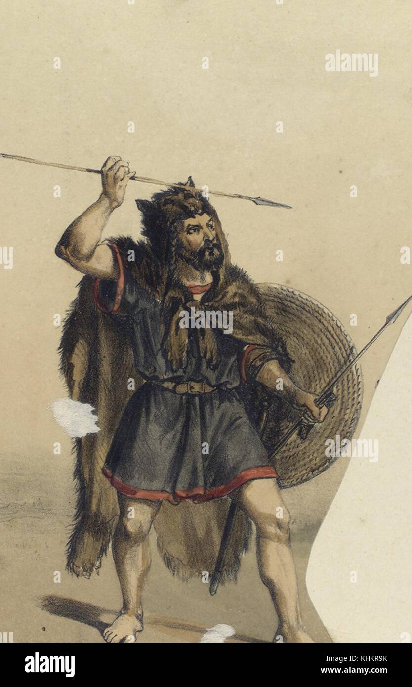 Color lithograph depicting an Astur soldier, wearing an animal pelt, and holding lances and a shield, primitive community settled in Leon and Asturias, from the book Album de la Infanteria Espanola, by General Conde de Clonard, 1861. From the New York Public Library. Stock Photo