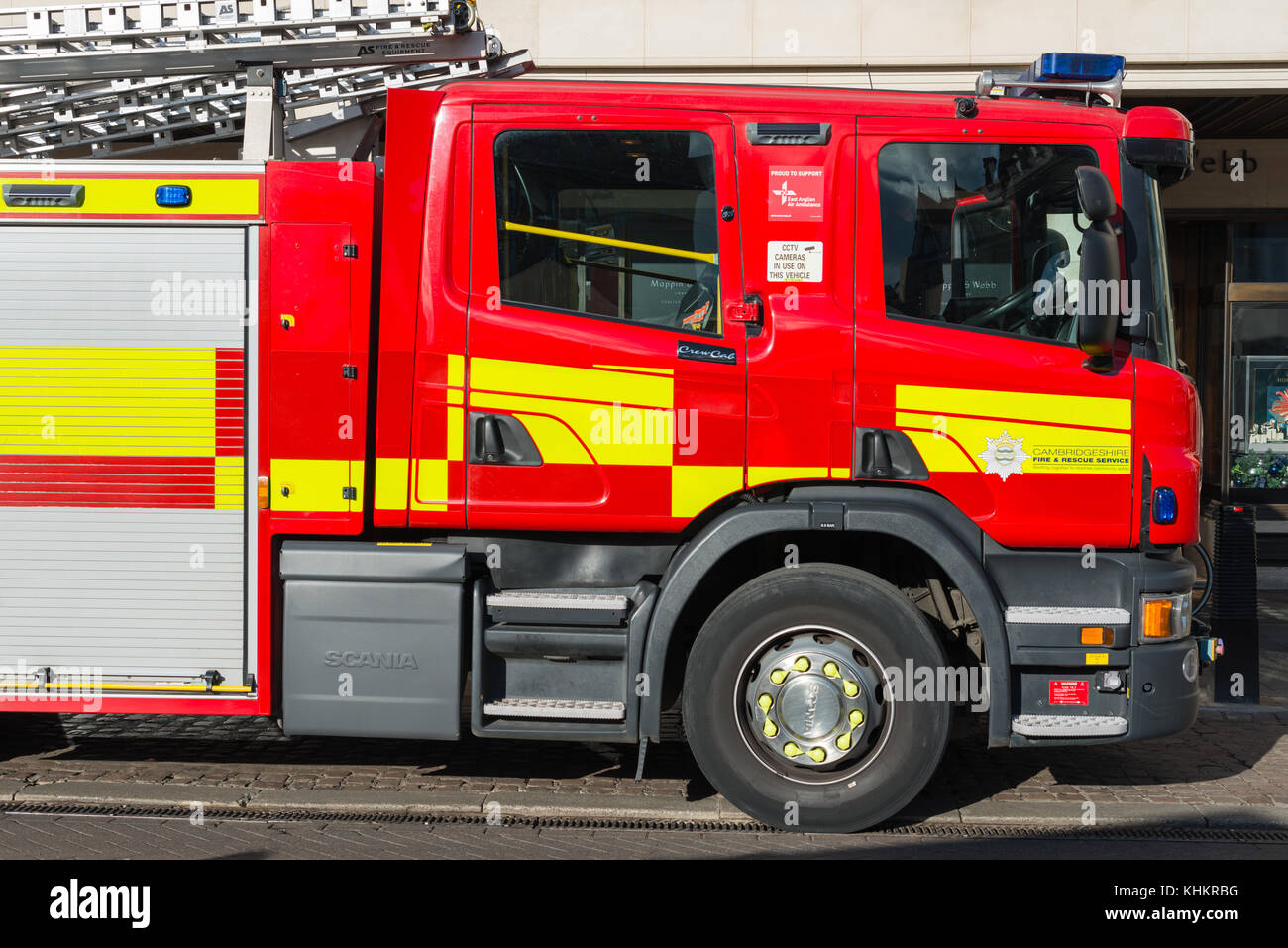 A fire engine from Cambridgeshire Fire and Rescue Service in the centre of Cambridge city. England, UK. Stock Photo