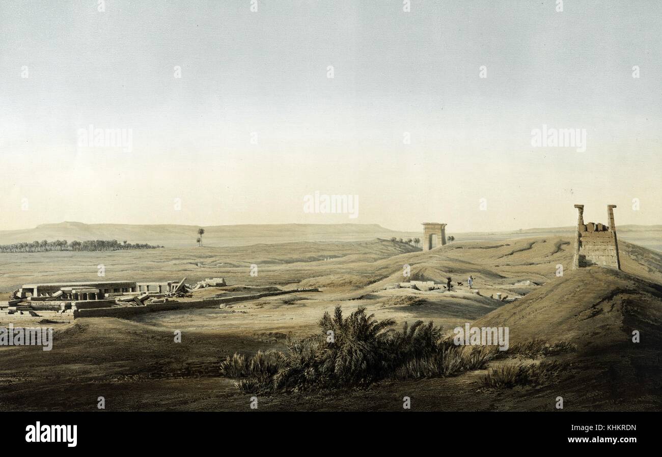 Color lithograph showing a view of the ruins of eastern Thebes, titled Ansicht der Ruinen des ostlichen Theben, by W Loeillot, Egypt, 1852. From the New York Public Library. Stock Photo