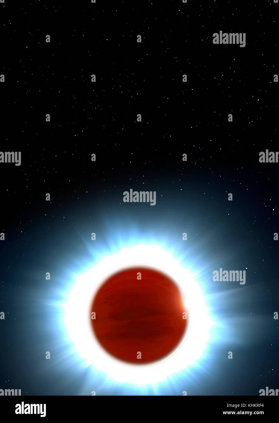 Illustration of the hottest known exoplanet,Kelt-9b.Kelt-9 is an A-type star with a temperature almost twice that of the Sun.Astronomers have found an extrasolar planet orbiting this star at such close proximity that it completes an orbit in a mere 36 hours.This means that the planet is hotter,at around 4600 Kelvin,than the majority of stars.The relentless radiation from the star is evaporating the planet at a phenomenal rate.Ten billion grams of matter are stripped away from the planet every second,forming a comet-like tail behind it. Stock Photo