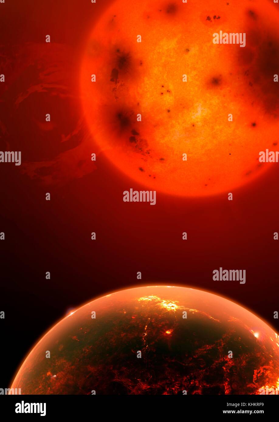 Illustration of the exoplanet Kepler 1649b. This terrestrial (rocky) planet, slightly larger than Earth, orbits a red dwarf star 220 light-years away. The planet orbits its star so closely that the planet receives 2.3 times as much radiation from its star than the Earth gets from the Sun, despite the Sun being far more luminous. In this image, the planet is depicted as somewhat like Venus was in the past, hot and highly volcanic. Astronomers have singled out Kepler 1649b because it is one of several prime candidates for atmospheric research in future space studies. Stock Photo