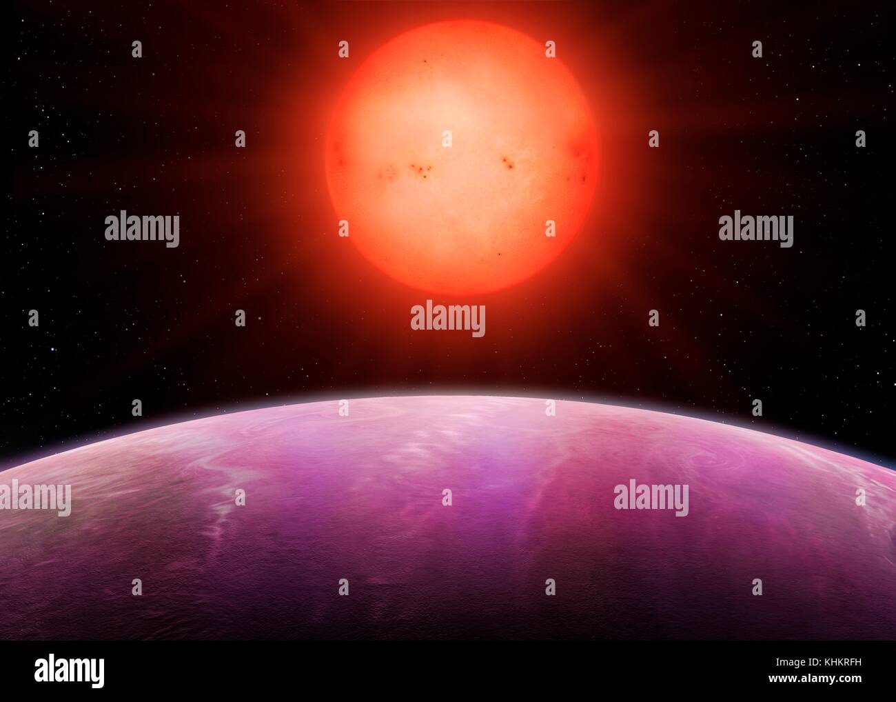 Red dwarf NGTS-1 and its gas giant planet, illustration. NGTS (Next-Generation Transit Survey) is located in the Atacama desert in Chile, with a primary aim to locate extrasolar planets with masses and sizes between those of Earth and Neptune. One of the discoveries is NGTS-1, a red dwarf star about half the diameter of the Sun. It has been found to host a planet almost one-quarter of its size, which makes it the largest known planet in relation to its star. Stock Photo