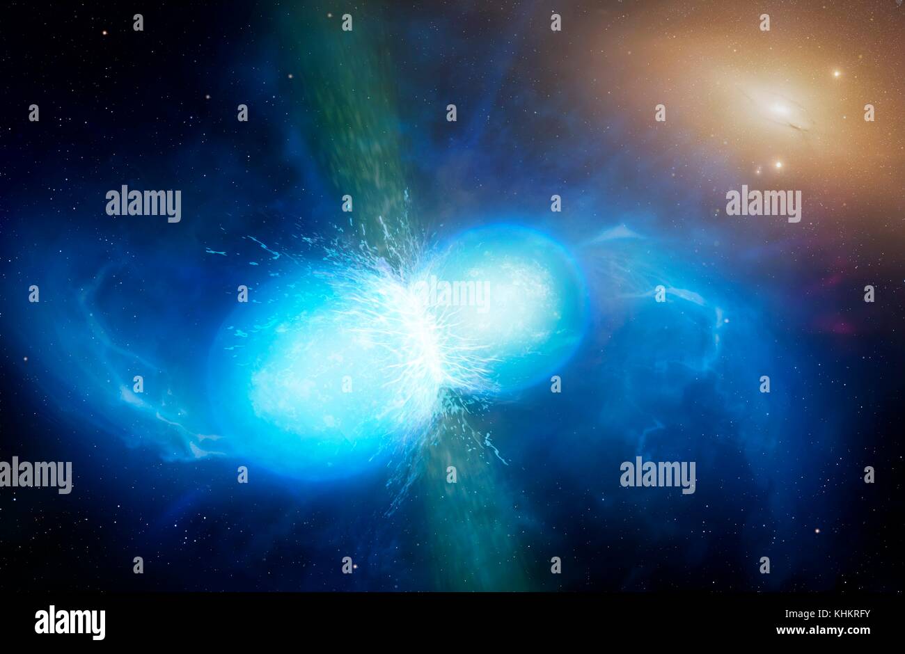 Neutron stars merging, illustration. Neutron stars are the remnants of stars that have run out of fuel and exploded as supernova, eventually collapsing into a superdense core. A typical neutron star has a mass of between 1.3 and 2.1 solar masses but measures only 10km in diameter. Neutron stars can exist as paired, or binary, stars. Seen here is the very final stage, just before full merger. This causes a violent burst of magnetic radiation lasting milliseconds. It is suggested that this is the source of short gamma ray bursts. Stock Photo
