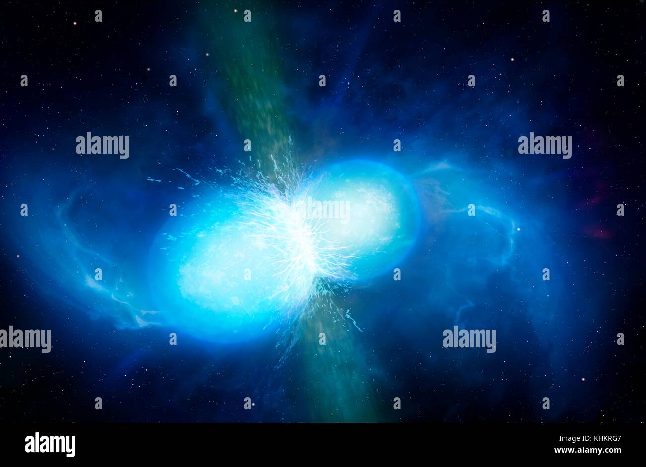 Neutron stars merging, illustration. Neutron stars are the remnants of stars that have run out of fuel and exploded as supernova, eventually collapsing into a superdense core. A typical neutron star has a mass of between 1.3 and 2.1 solar masses but measures only 10km in diameter. Neutron stars can exist as paired, or binary, stars. Seen here is the very final stage, just before full merger. This causes a violent burst of magnetic radiation lasting milliseconds. It is suggested that this is the source of short gamma ray bursts. Stock Photo