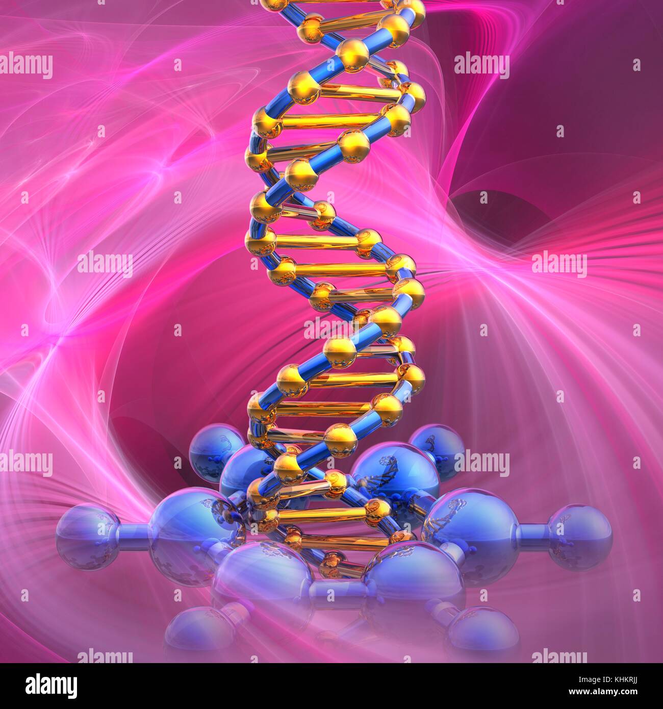 Conceptual illustration of a double stranded DNA (deoxyribonucleic acid) molecule being damaged by a benzene molecule. Benzene is a widely recognized human carcinogen (molecules not drawn to scale). DNA is composed of two strands twisted into a double helix. Each strand consists of a sugar-phosphate backbone attached to nucleotide bases. There are four bases: adenine, cytosine, guanine and thymine. The bases are joined together by hydrogen bonds. DNA contains sections called genes that encode the body's genetic information. Stock Photo