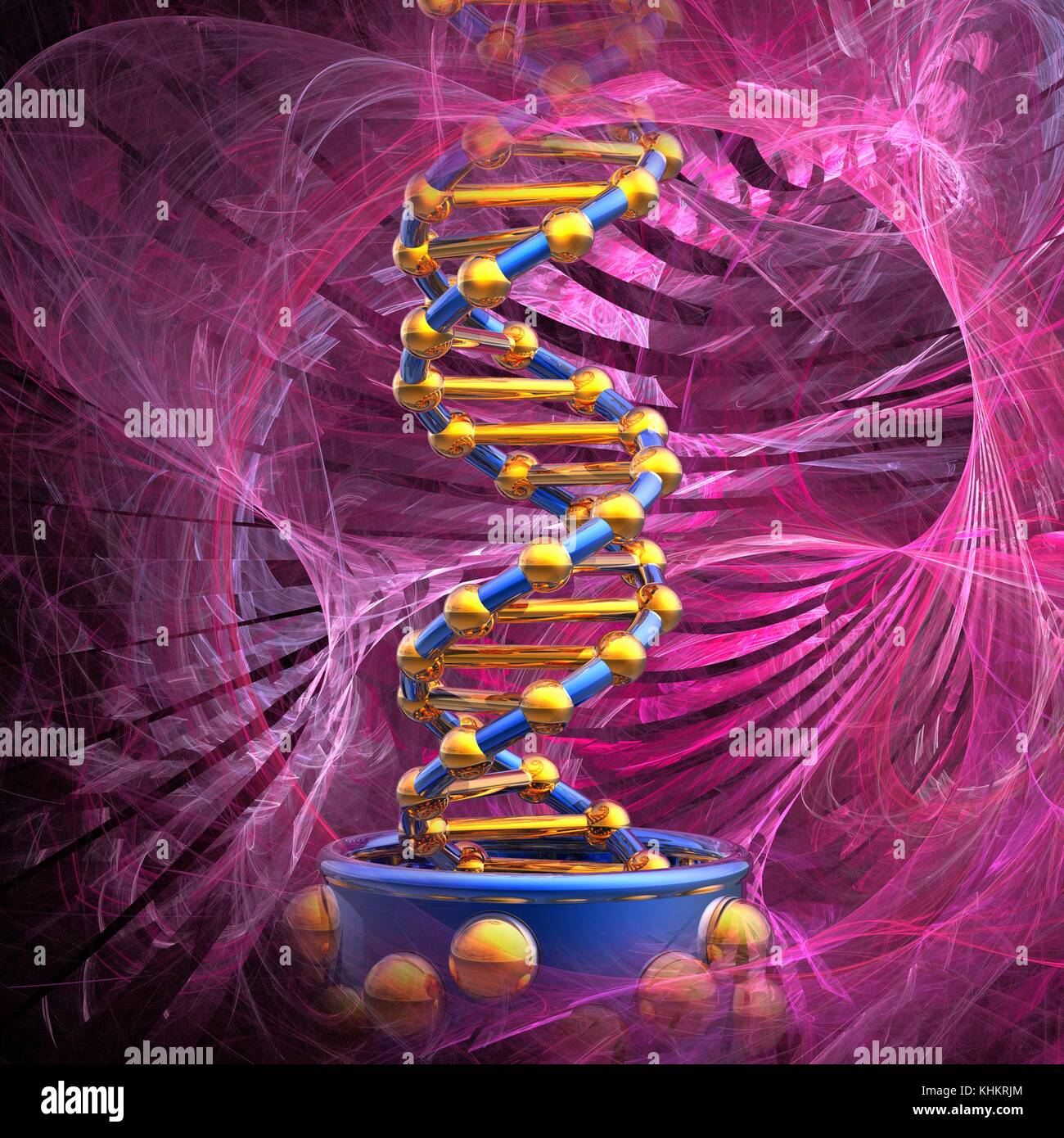 Conceptual illustration of a double stranded DNA (deoxyribonucleic acid) molecule with DNA generating or editing equipment. DNA is composed of two strands twisted into a double helix. Each strand consists of a sugar-phosphate backbone attached to nucleotide bases. There are four bases: adenine, cytosine, guanine and thymine. The bases are joined together by hydrogen bonds. DNA contains sections called genes that encode the body's genetic information. Stock Photo
