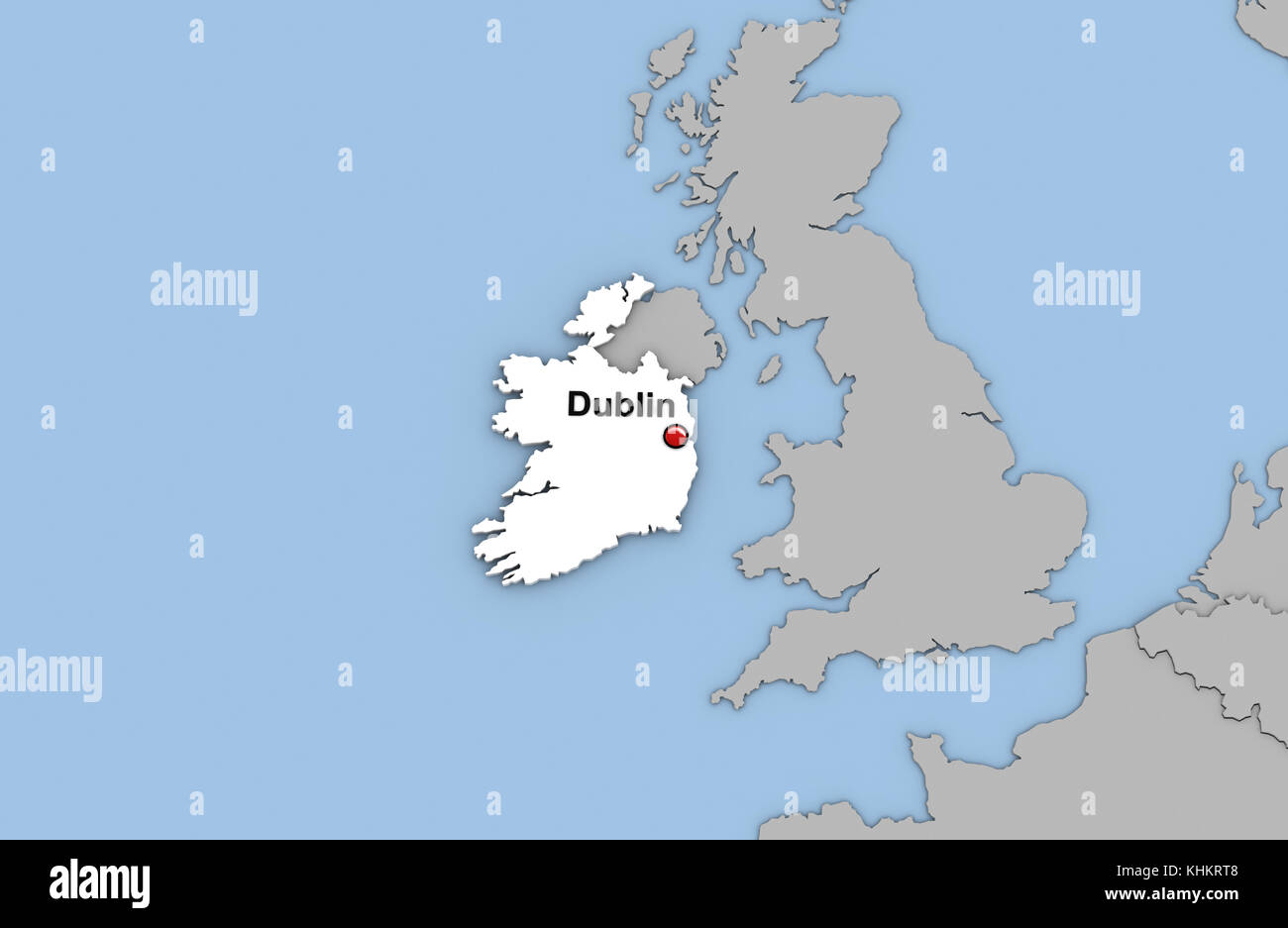 Abstract 3d render of map of Ireland highlighted in white color and location of the capital Dublin marked with red pin Stock Photo