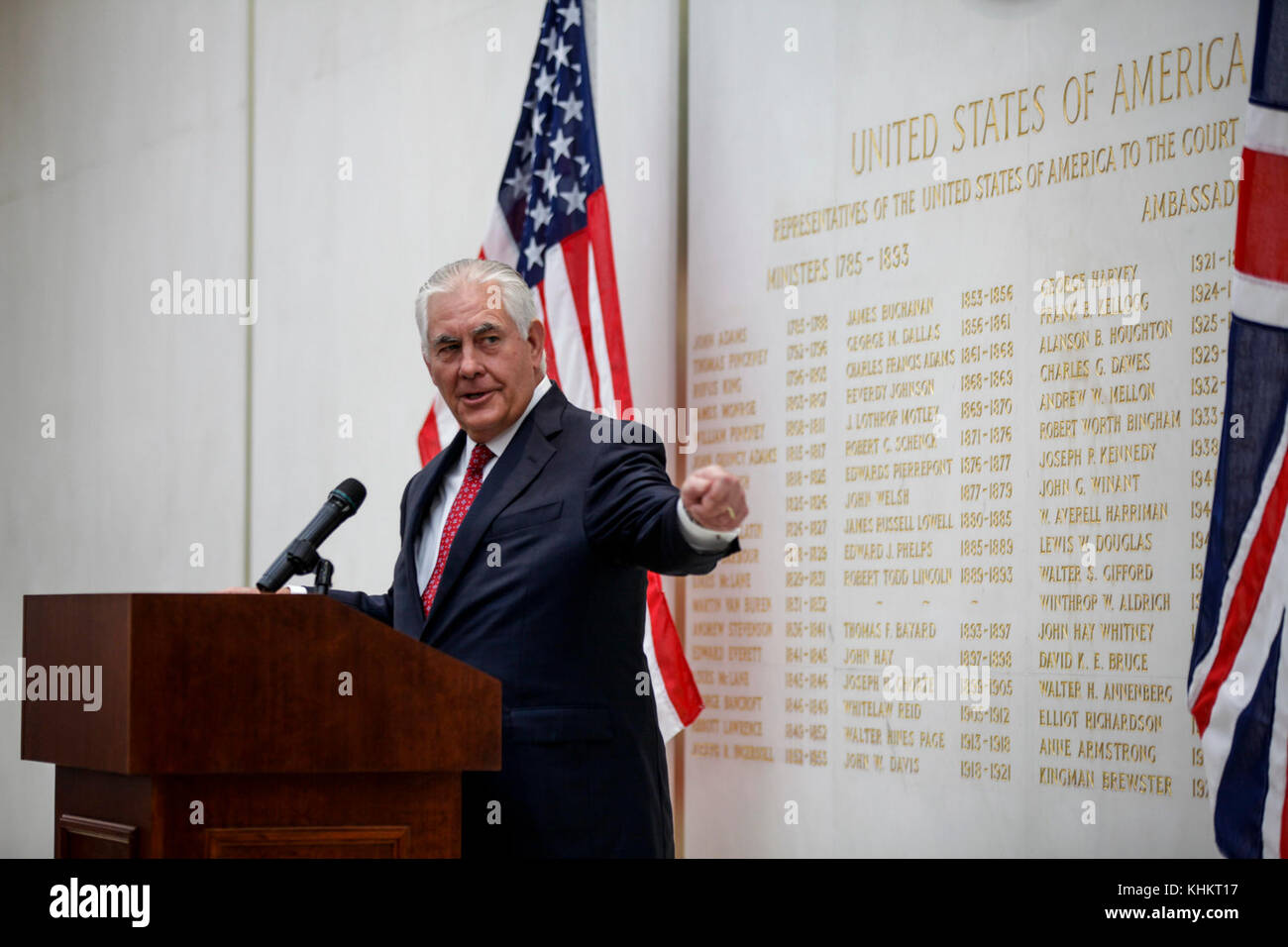 U.S. Secretary of State Rex Tillerson addresses staff at U.S. Embassy