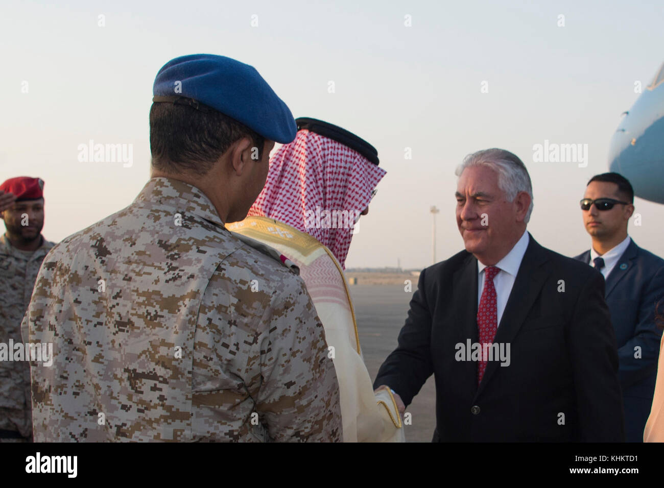 U.S. Secretary of State Rex Tillerson is Greeted by Saudi Undersecretary for the Ministry of Foreign Affairs for Protocol Affairs Azzam Al-Gain at the King Salman Air Base upon arrival in Riyadh, Saudi Arabia on October 21, 2017 Stock Photo