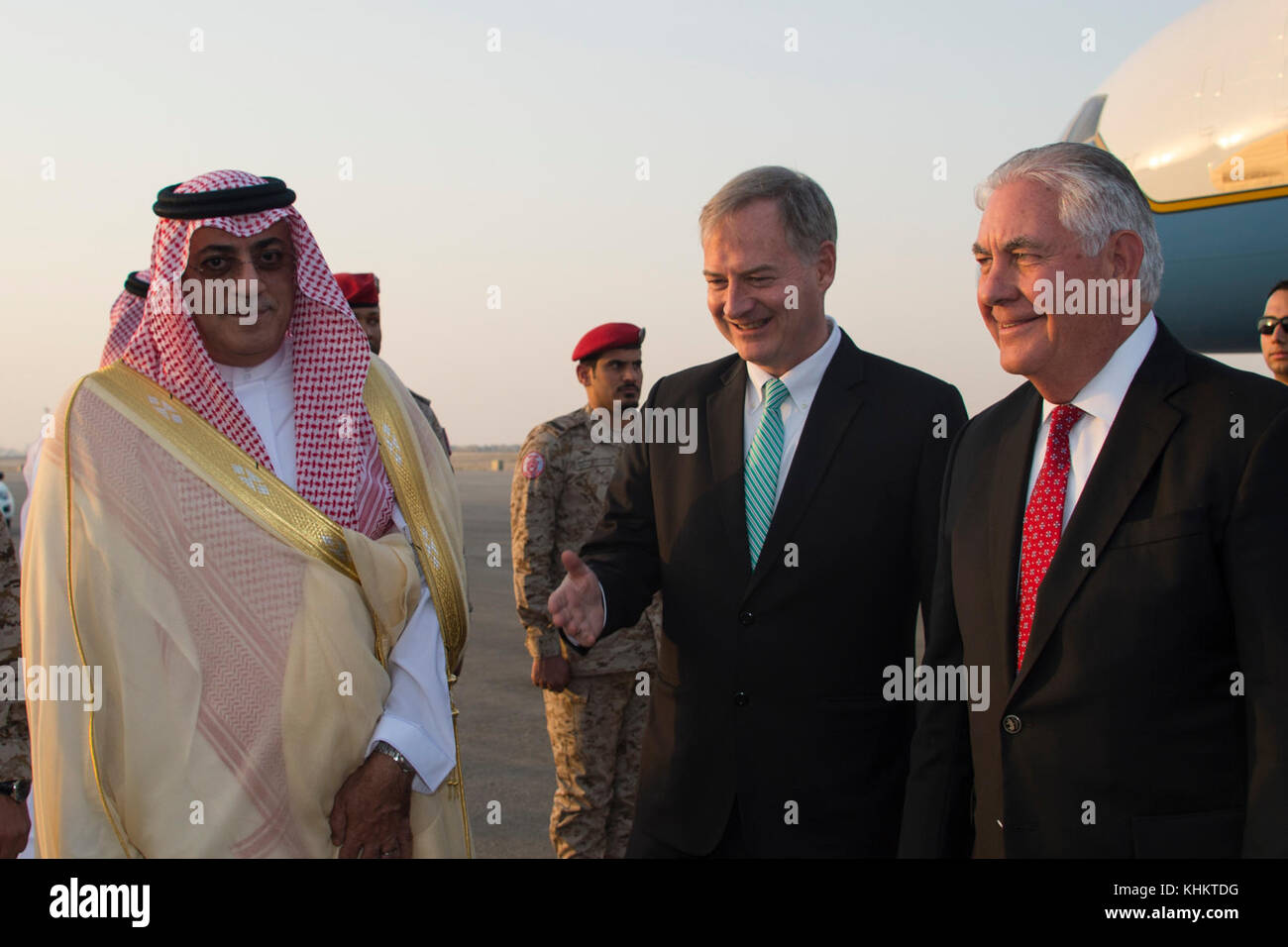 U.S. Secretary of State Rex Tillerson is Greeted by U.S. Charge d'Affaires Christopher Henzel and Saudi Undersecretary for the Ministry of Foreign Affairs for Protocol Affairs Azzam Al-Gain at the King Salman Air Base upon arrival in Riyadh, Saudi Arabia on October 21, 2017. Stock Photo