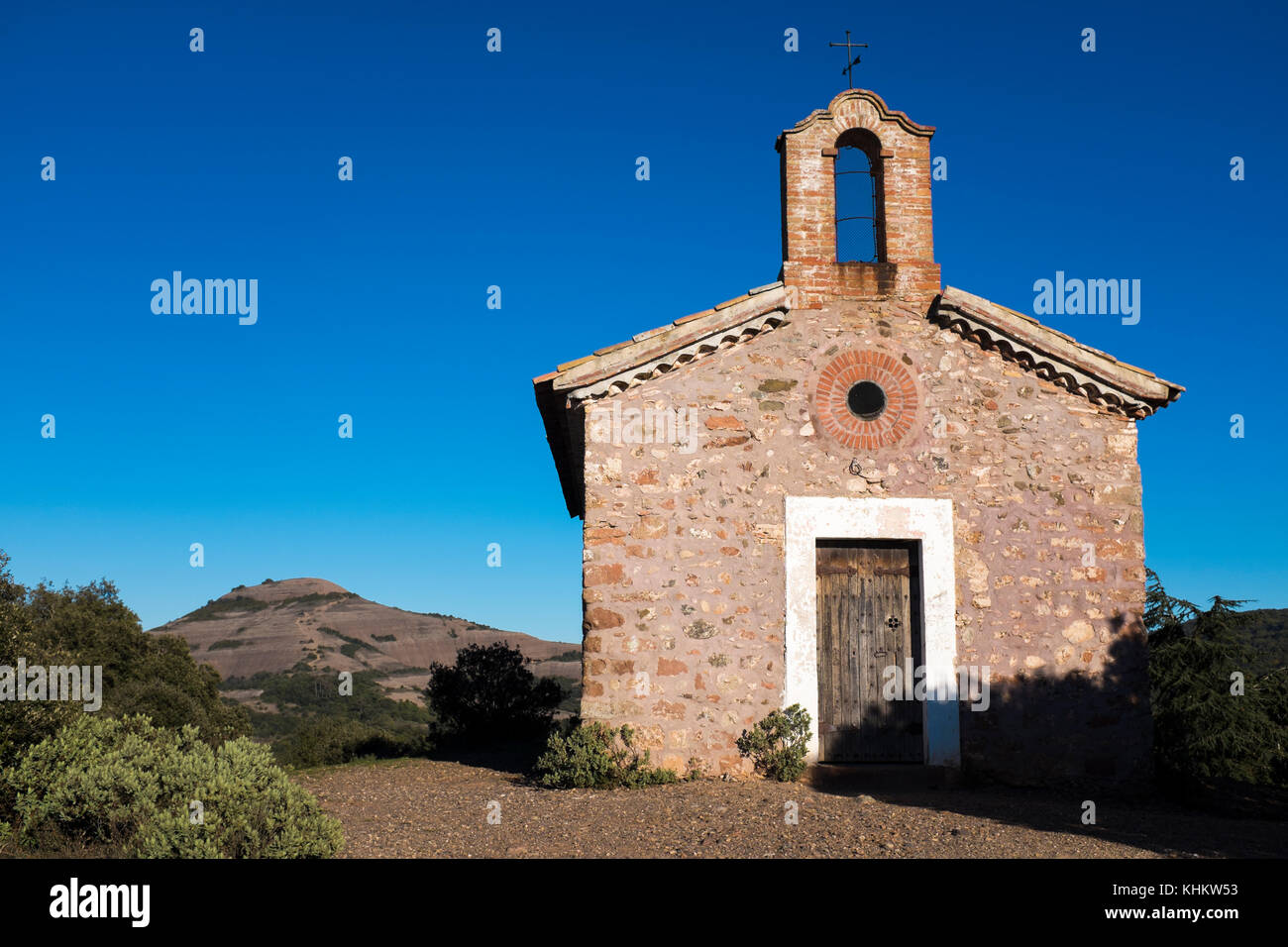 The 15-16th century Chapel of Sant Jaume de la Mata, in Mura, near the Coll d'Estenalles in Parc Natural de Sant Llorenç del Munt i l'Obac, Barcelona. Stock Photo